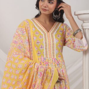 Yellow Bloom Lace Cotton Ensemble Kurti pant Duptta Set